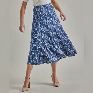 DOWNEAST | Blue Satin Floral Paisley Midi Skirt | Size Small